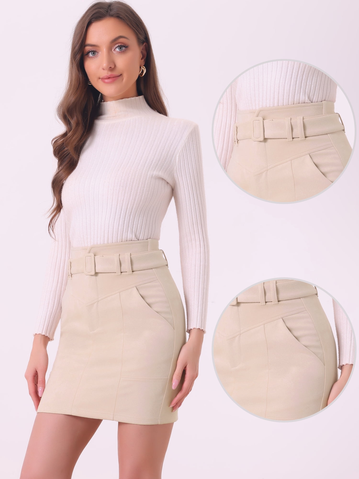 DARING DIVA Women's Faux Suede Skirt Belted Pencil Skirts XS Beige