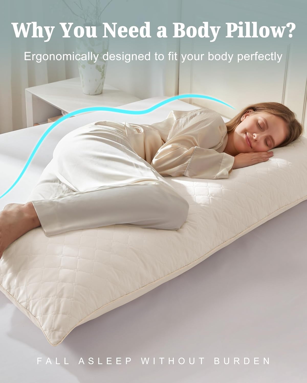 Parojati Long Body Pillow for Adults - Firm Body Pillow Insert with Shredded White Memory Foam, Adjustable Height, Soft Support for Side Sleeping, Pregnant Women, Washable (Beige, 20x54 inch)