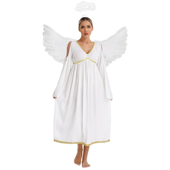 Eandarui Women's Angel Costume Cold Shoulder Flare Sleeve Dress with Feather Wings And Headband for Ivory M