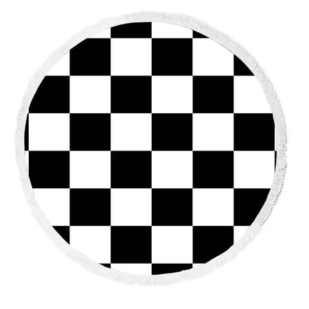 Gckg Checkered Beach Towelblack White Checkered Pattern Round Beach Blanket With Tassels Beach Throw Towel Yoga Mat Picnic Blanket