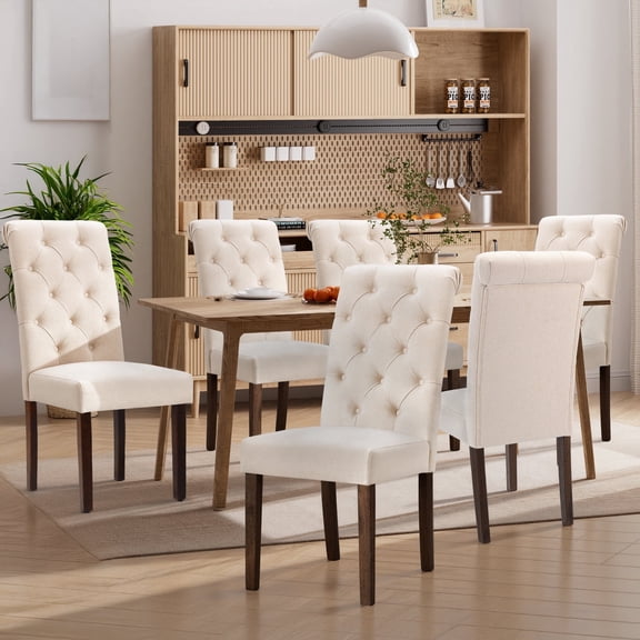 EOP Upholstered Dining Chairs Set of 6, Parsons Fabric Kitchen Chairs with Padded Seat, Button Tufted Armless Dining Side Chairs with Wood Legs, Beige