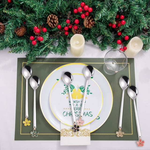 Cubiertos con Flores de Navidad, Cuchara de Café, Cuchara de Acero Inoxidable, Tenedor de Fruta, Cuchara de Postre, Juego de Regalo de Tenedor y Cuchara de Navidad