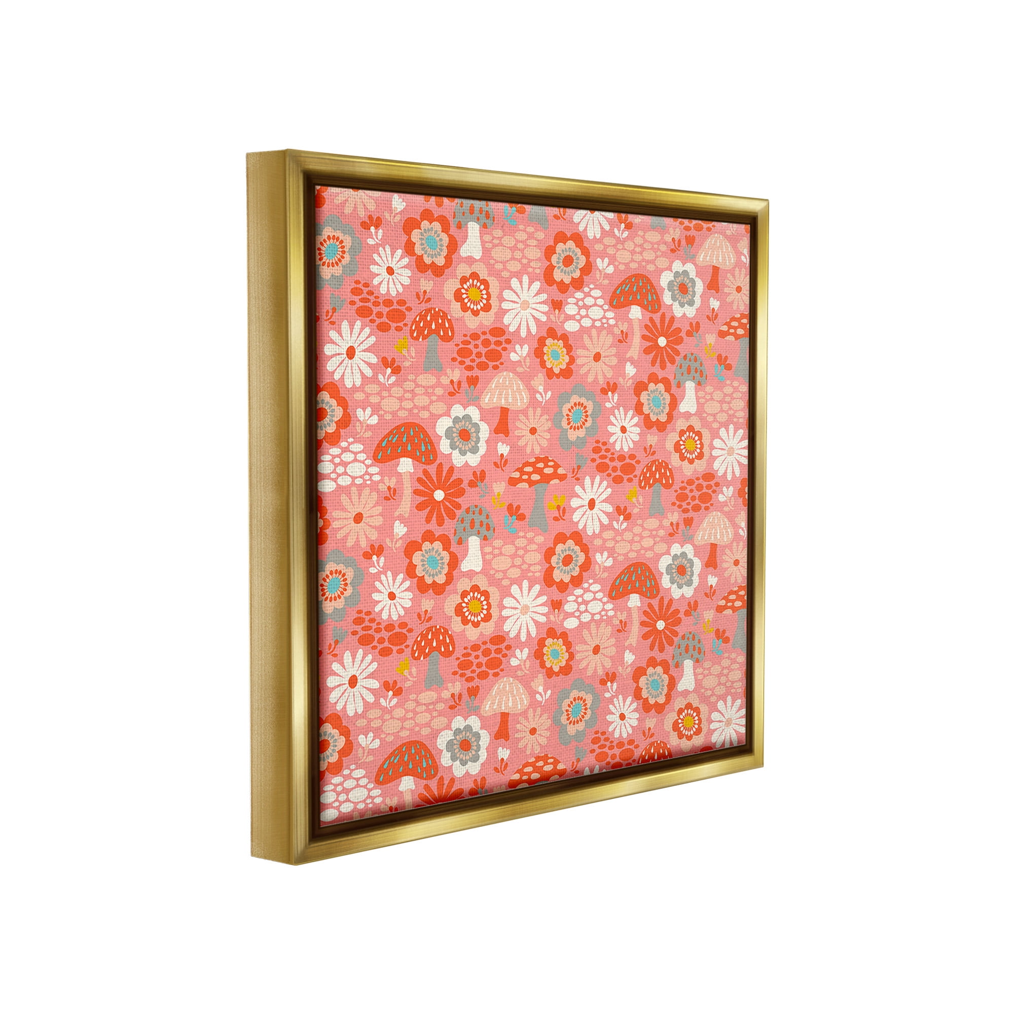 Stupell Industries Mushroom & Floral Pattern Botanical & Floral Painting Gold Floater Framed Canvas Art Print Wall Art, 25 x 25