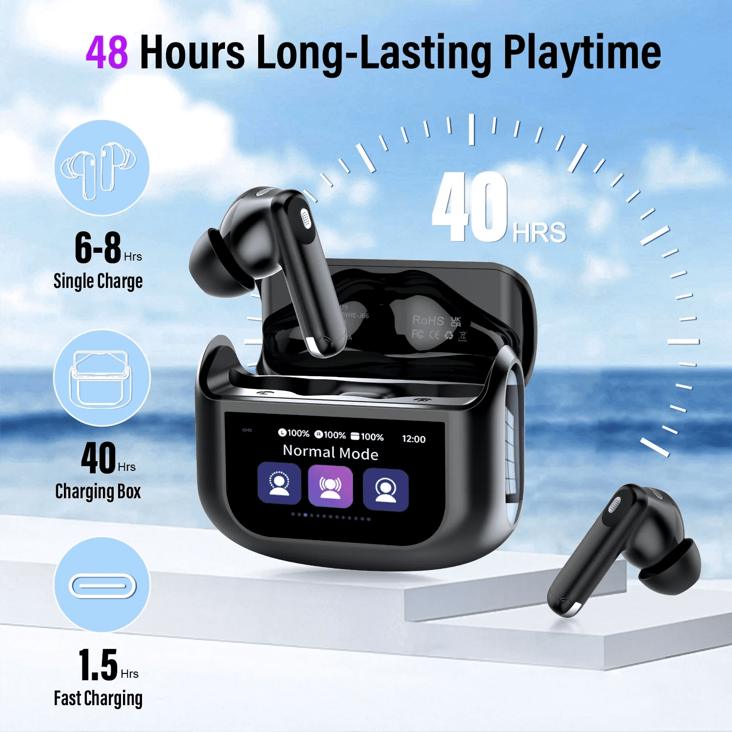 Salange Touch Screen Wireless Earbuds, Bluetooth 5.4 Multifunctional Ear Buds with ANC Noise Cancelling MicClear Calls Earphones, 48H Bass Stereo Headphones,  IPX7 Waterproof Headphones for Workout