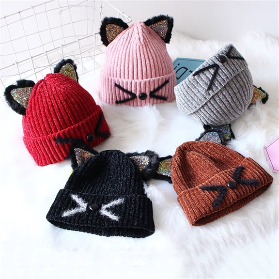 Aihuaihua Toddler Kids Knit Beanie Hat with Cat Ear 3D Sequin Ears Pattern for Girls Boys