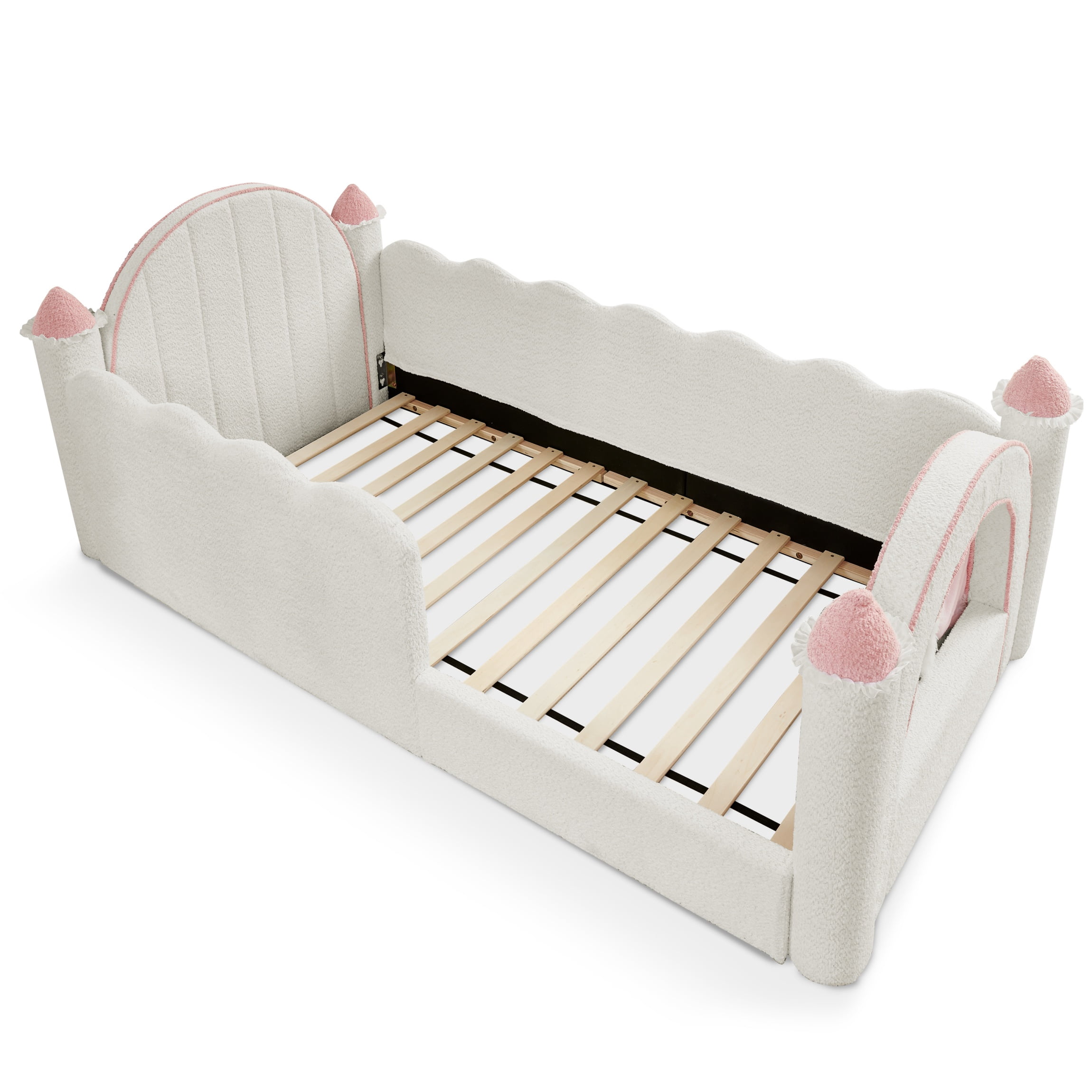 Twin Size Castle-Shaped Kids Floor Bed with Safety Guardrail, Low Profile Upholstered Platform Bed Frame with Small Curtain