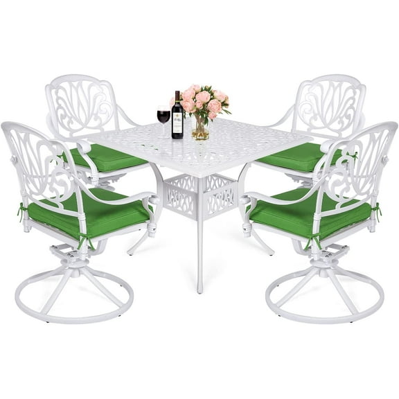 MEETWARM 5-Piece Outdoor Patio Dining Set, All-Weather Cast Aluminum Patio Conversation Set for Backyard Garden Deck with 4 Cushions Swivel Rocker Chairs and 35.4" Square Table, White