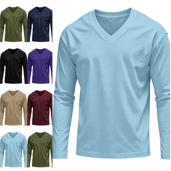Mens V Neck T Shirts Long Sleeve Workout Shirts Soft Comfort Light Weight Pullover Casual Sweater Light Blue L