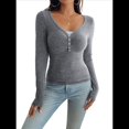 thumbnail image 3 of Camisa de Larga para Mujer, Cuello en V, Botones, Punto Acanalado, Corte Entallado, Informal, Básica, para y Otoño Flor Gris S, 3 of 9