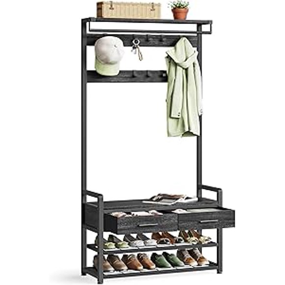 VASAGLE Portemanteau d'Entrée avec Banc et Rangement pour Chaussures, Porte-Manteau d'Entrée avec Banc à Chaussures, 2 Tiroirs en Tissu, 10 Crochets, 6 Crochets Latéraux, Gris Pierre et Noir Encre