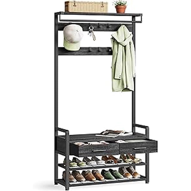 VASAGLE Hall Tree with Bench and Shoe Storage, Entryway Coat Rack with Shoe Bench, 2 Fabric Drawers, 10 Hooks, 6 Side Hooks, Stone Gray and Ink Black