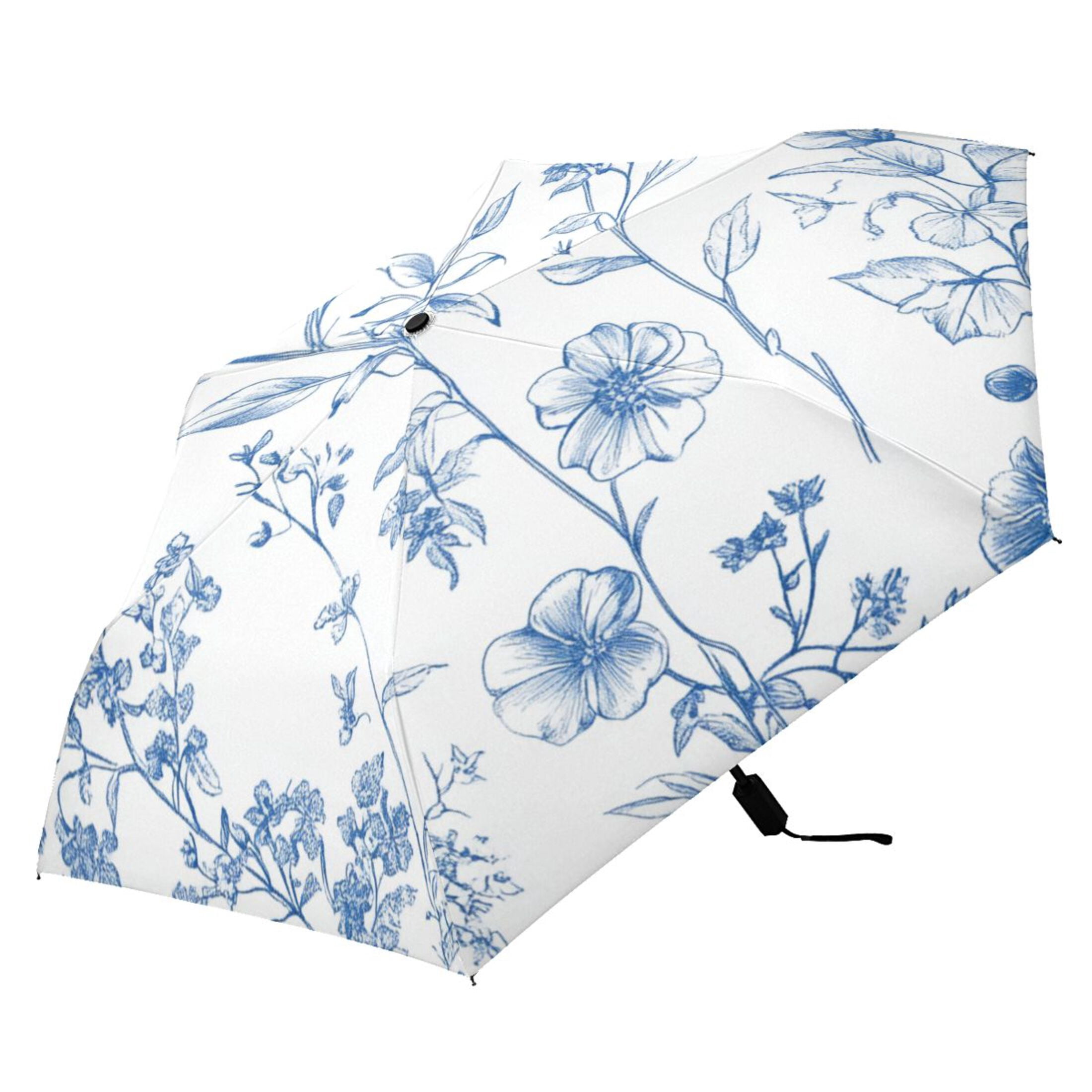 Different Blue Ink Flowers All Weather Umbrella Triple Folding Parasol 6 Ribs UV Protection Portable