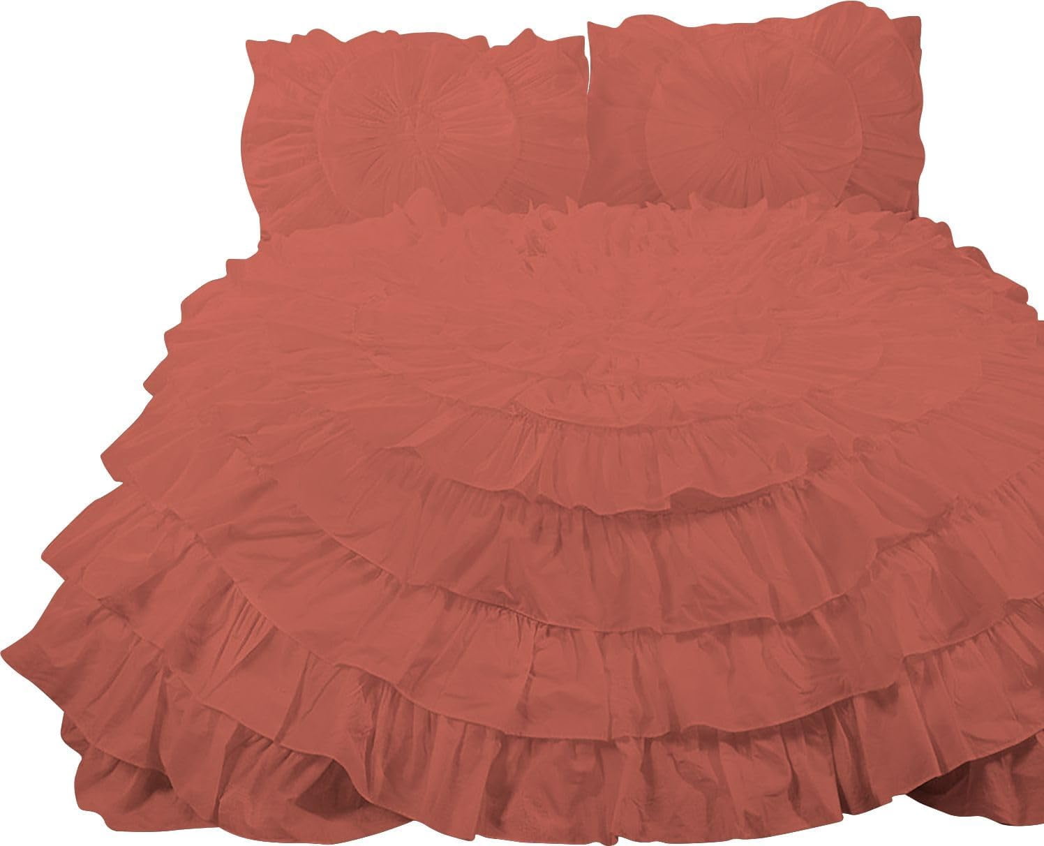 D.N.G. BEDDINGS 5 Piece 100% Egyptian Cotton Circle Ruffle Comforter Set, 550 GSM Filled Microfiber - Oversized Super King Size, Brick Red Color - 800 Thread Count
