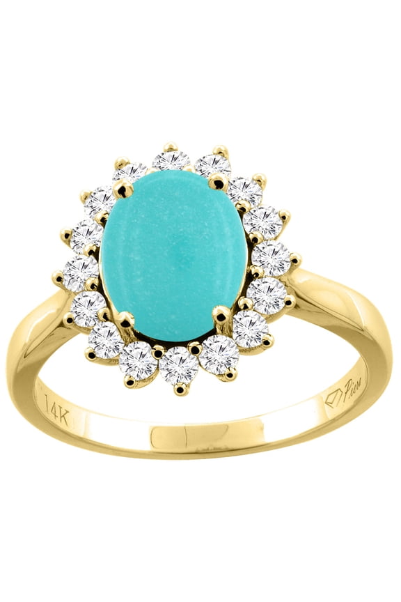 14K Yellow Gold Natural Turquoise Ring Oval 9x7 mm Diamond Accents, size 7.5