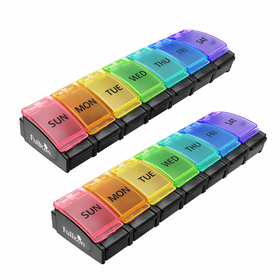 Fullicon Flipo L 2-Pack Weekly Supplement & Pill Organizer, Large Compartments, Travel-Friendly, Rainbow Black