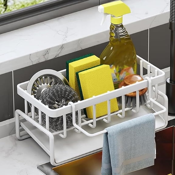 Beteliva Kitchen Sink Towel Bar with Storage Rack, 4 in 1 Sink Caddy Organizer for Dish Towels, Sponge and Soap Holder, Countertop Accessories Organizer, 1 Pack, White