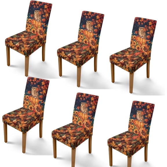 Autumn Maple Leaf Owl Thanksgiving Chair Covers Set of 6 Spandex Stretch Parsons Chair Slipcovers for Dining Room Universal Removable Washable Chairs Seat Covers Protector for Fall Decor