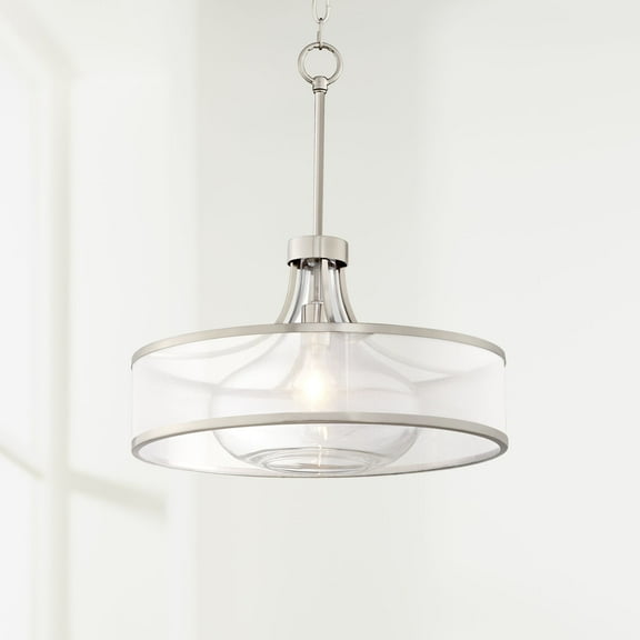 Possini Euro Design Layne Brushed Nickel Pendant Light 19 1/4" Wide Modern Organza Outer Glass Inner Drum Shade for Dining Room House Kitchen Island