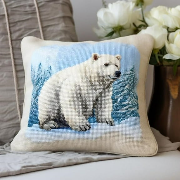 Latch Hook Pillows Kits Cushion Hooking Pillowcase Embroidery Latch Hooking Crochet Kits 17x17inch - Animal polar bear
