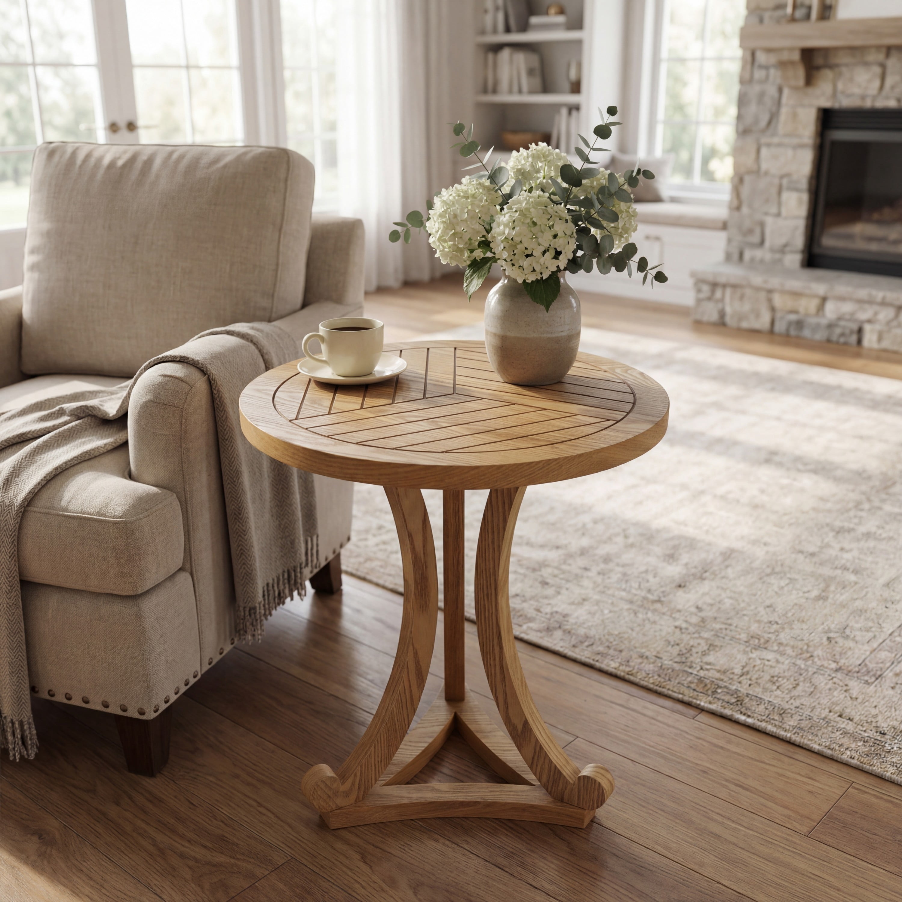 Round Wood Accent Table 17.72 Inch, Natural Finish End Table with Curved Base for Living Room Bedroom
