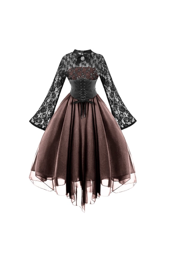 Gothic Dress for Women Mesh Floral Medieval Dress Long Trumpet Sleeve Gown Party Dress Elegant Renaissance Dress A Line Flowy Knee-Length Dresses for Cosplay Halloween