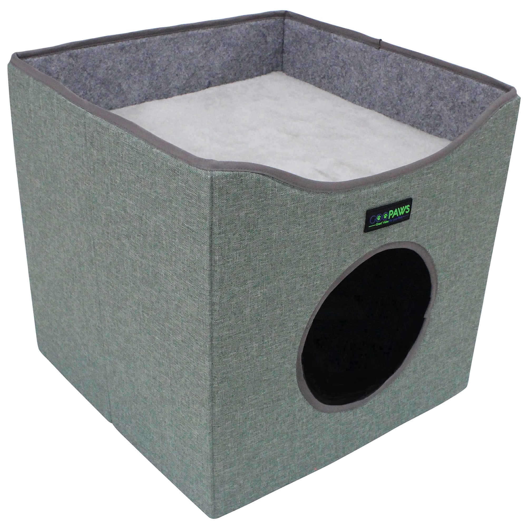 JESPET & GOOPAWS: Foldable Cat Condo - Sage Green - Cube House, Sleeper Bed Cave, Top Lying Surface, 2 Reversible Cushions, Hiding Place, 15.5 x 15"