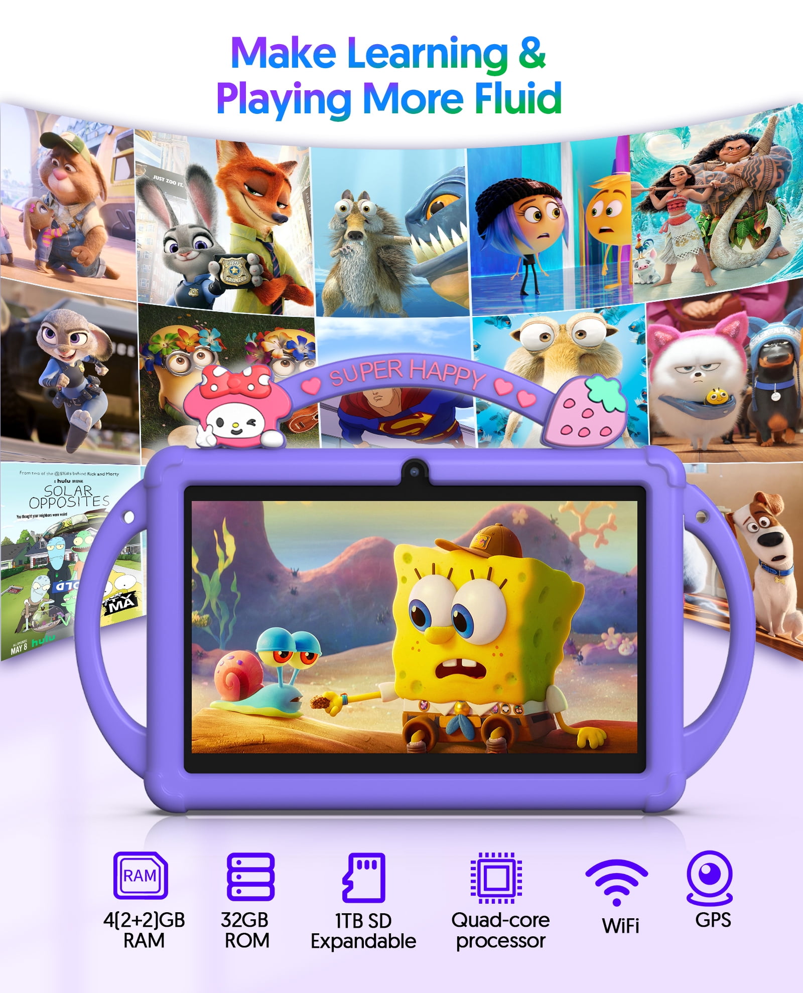 Kids Tablet 7 inch Android 13 Tablet for Kids 32GB ROM 4GB RAM 1TB Expanded, Quad-Core Toddler Tablet with Shockproof Case, Bluetooth, Wifi, Parental Control, Dual Camera, GPS, Games