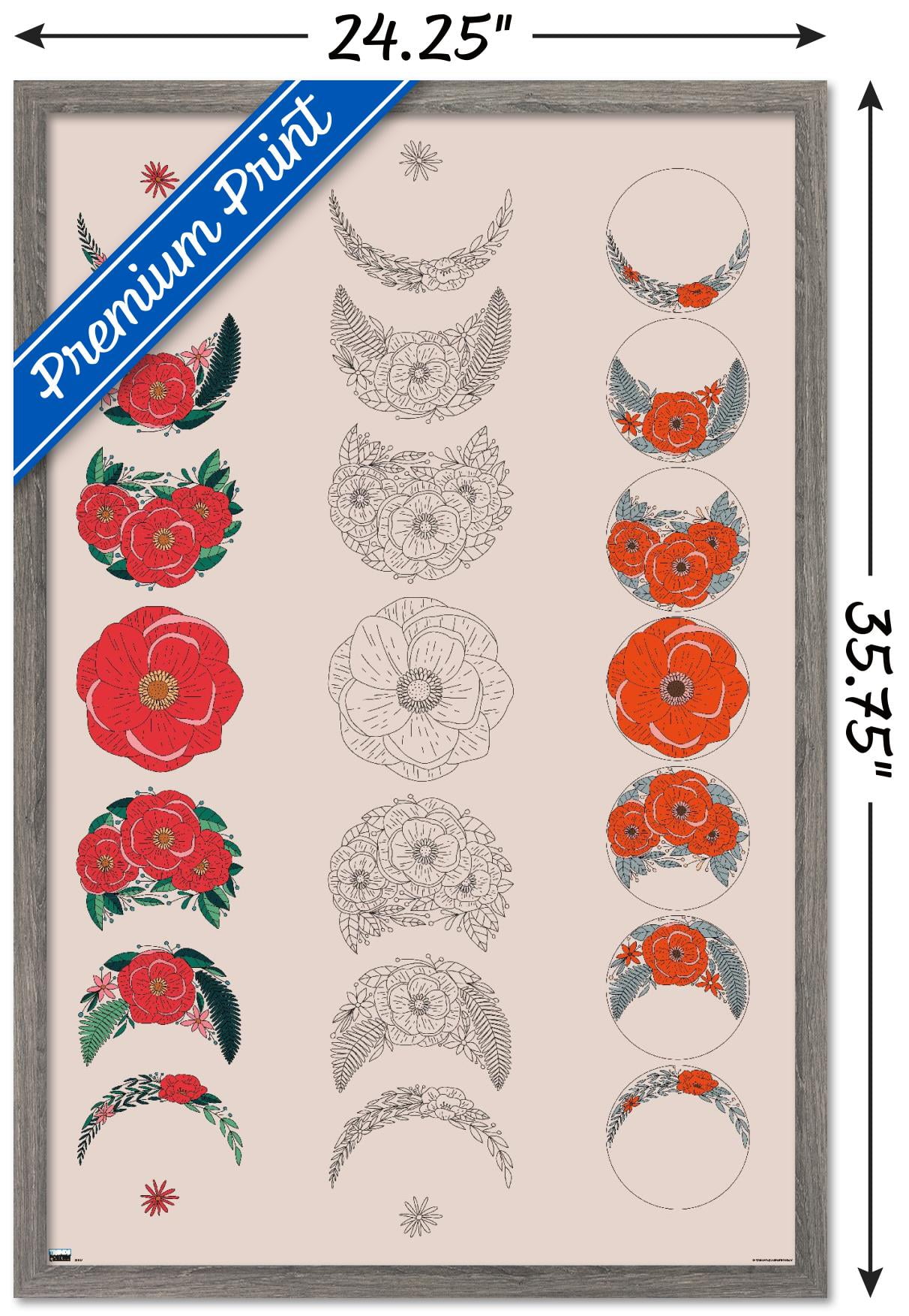 Floral Phases of the Moon Wall Poster, 22.375" x 34" Framed