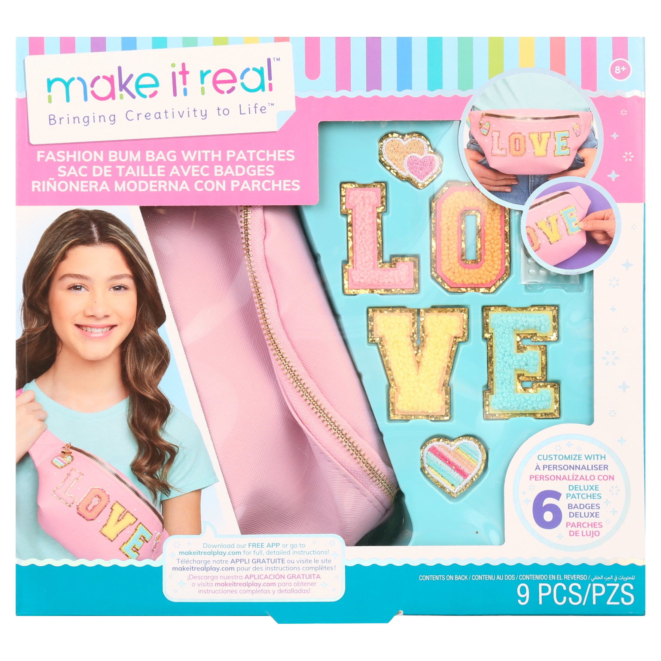 Make It Real: Fashion Bum Bag with Patches - 9 pcs, Pink Zipper Bag With Rainbow Band, DIY Customize, Love Patches, Tweens, Girls & Kids Ages 8+