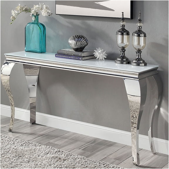 JERFIT Modern Sofa Table with Tempered Glass Top, Silver Stainless Steel Frame, Cabriole Legs Console Table for Living Room, Hallway, Entryway