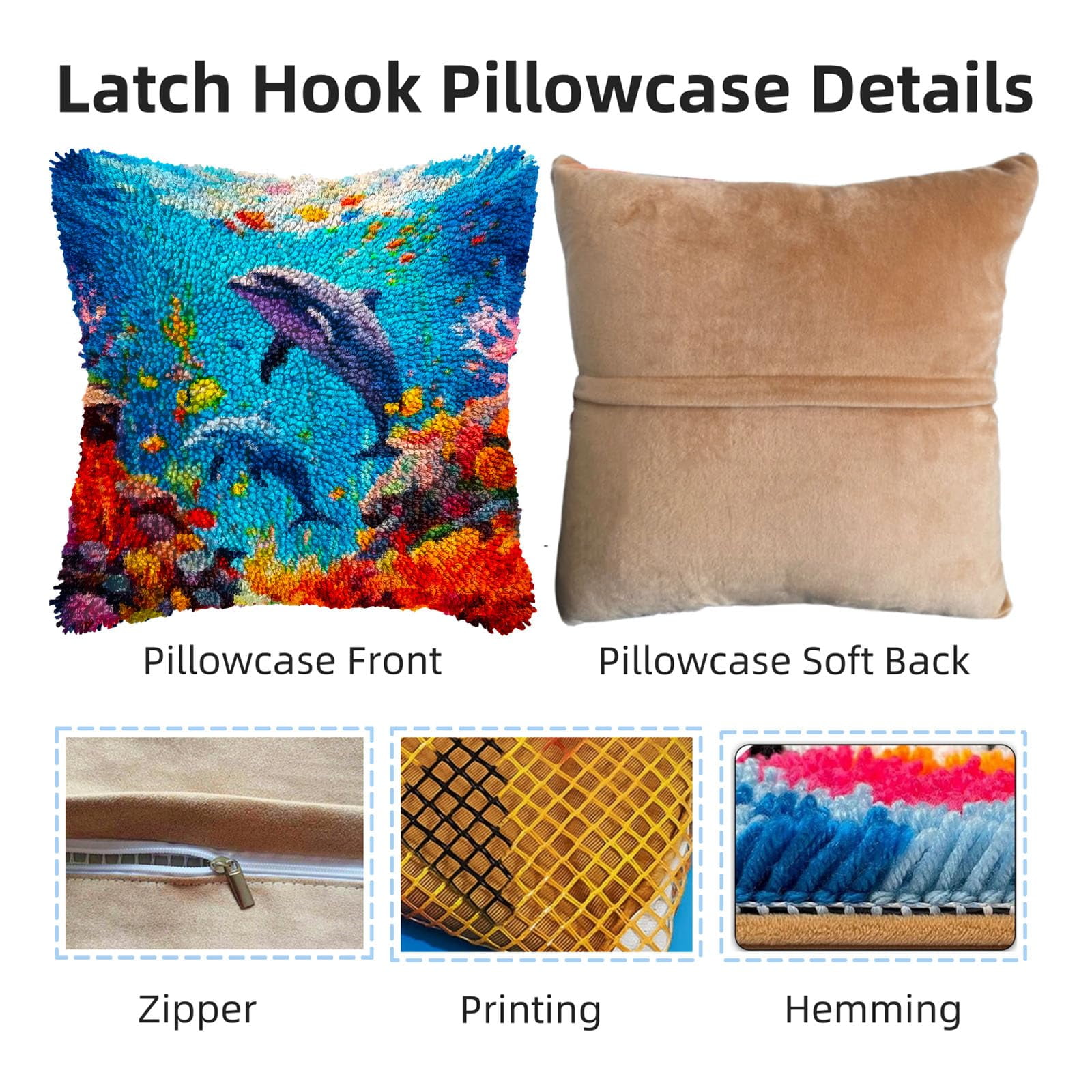 Undersea Scenery Dolphin Corals DIY Latch Hook Pillow Kits for Adults Printed Pillowcase Crochet Yarns Hooking Handmade Pillow Cover Cushion for Home Sofa Decoration 17x17inch