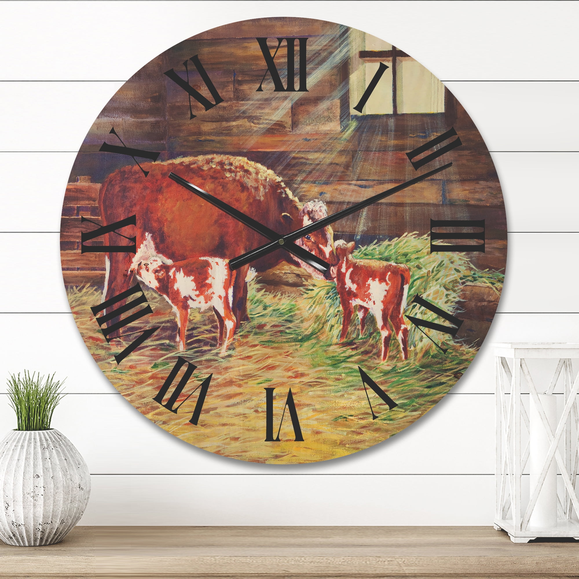Designart 'Newborn Twin Calves With Cow At The Farm' Farmhouse Wood Wall Clock