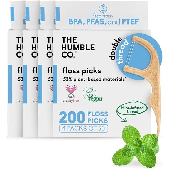 Humble Co Dental Floss Picks for Teeth, 200 Count (Mint) - Double Thread Tooth Flossers Adults Gum Health Toothpick Interdental Oral Care & Hygiene