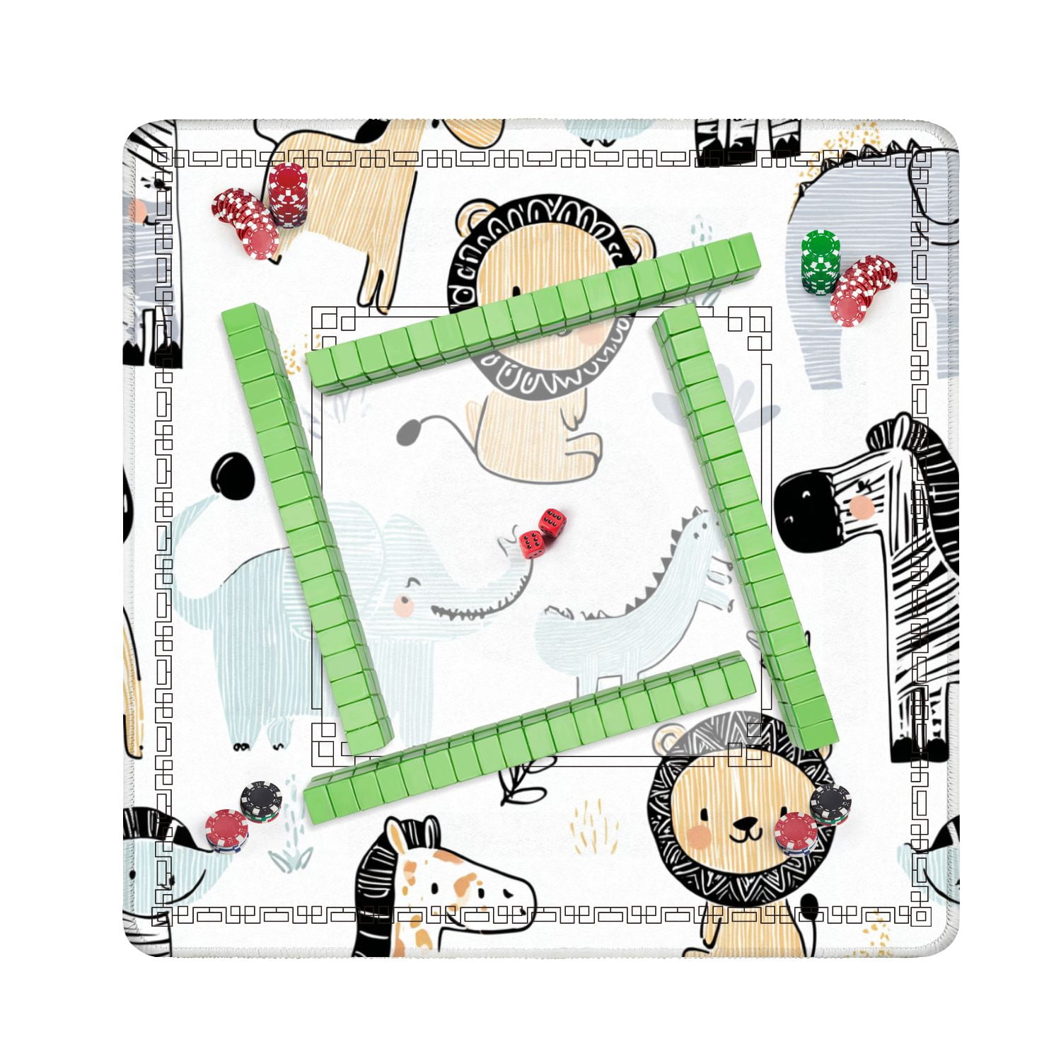 Mahjong Mat 31.5" x 31.5" Lion giraffe elephant crocodile zebra snake seamless Non-Slip Noise Reduction American Mahjong Tiles Table Cover for Dominoes Poker Card Board Games Gift