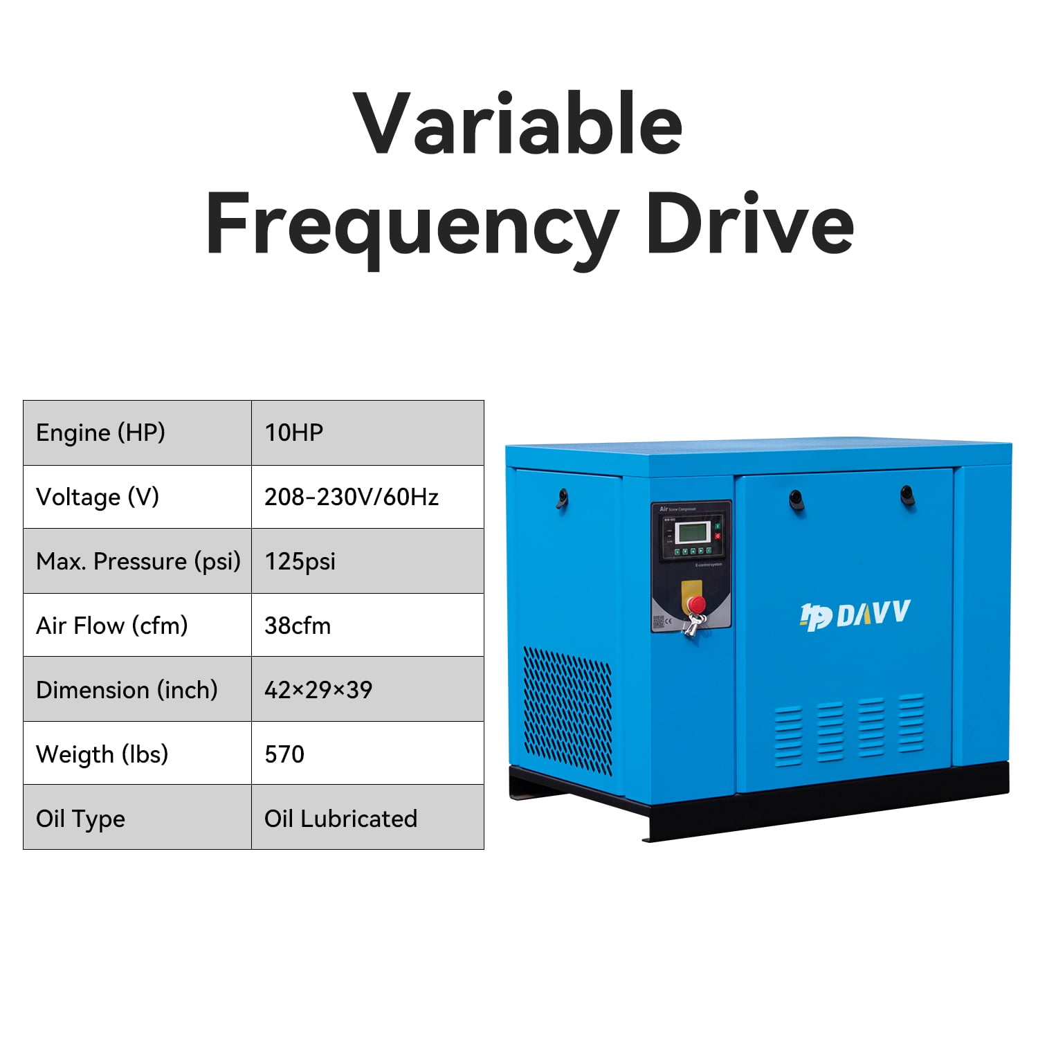 HPDMC 10HP Rotary Screw Air Compressor, 208-230V 1-Phase/3-Phase, 38 CFM @ 125 PSI, Variable Frequency Drive,42×29×39 Inch