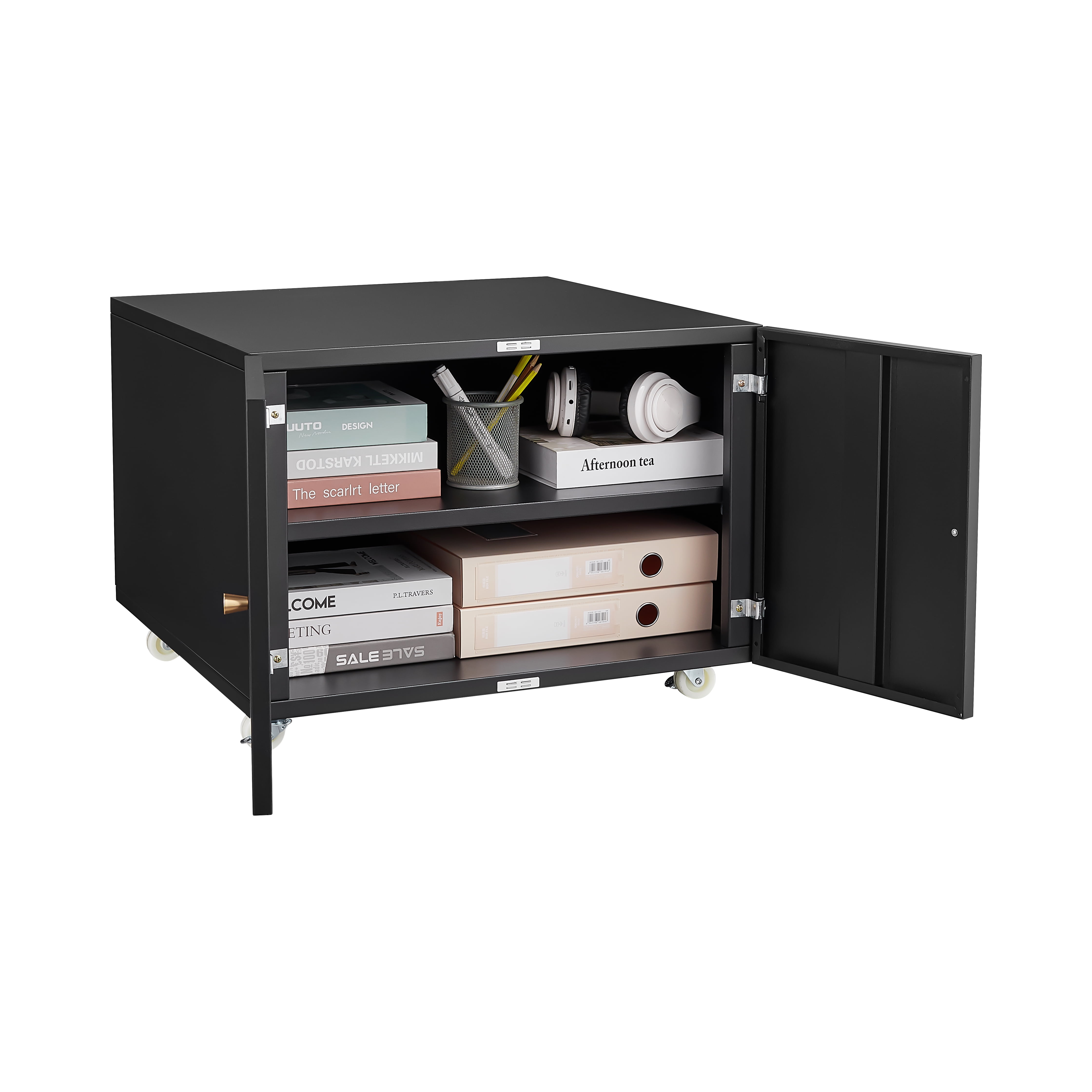 Double-Door Printer Cabinet with 360° Lockable Casters, Adjustable Shelves, Waterproof Storage Cabinet for Office, Home, Garage