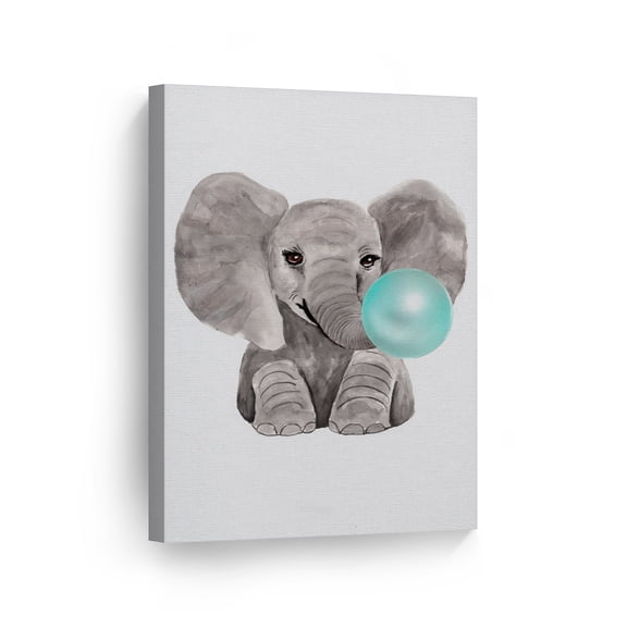 Smile Art Design Cute Baby Elephant Animal Bubble Gum Art Teal Blue CANVAS PRINT Watercolor Painting Wall Art Home Decoration Pop Art Kids Room Decor Nursery Ready to Hang Made in the USA 12x8