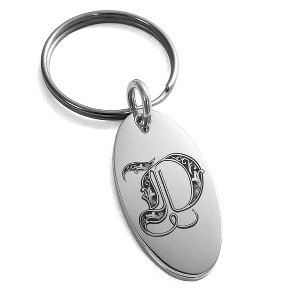 Stainless Steel Letter D Initial Royal Monogram Engraved Small Oval Charm Keychain Keyring