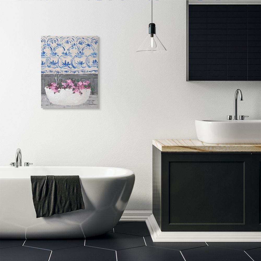 Melissa Wang Flowers In Bath Tub Pink Blue Interior Design 24 in x 30 in Painting Canvas Art Print, by Stupell Home Décor