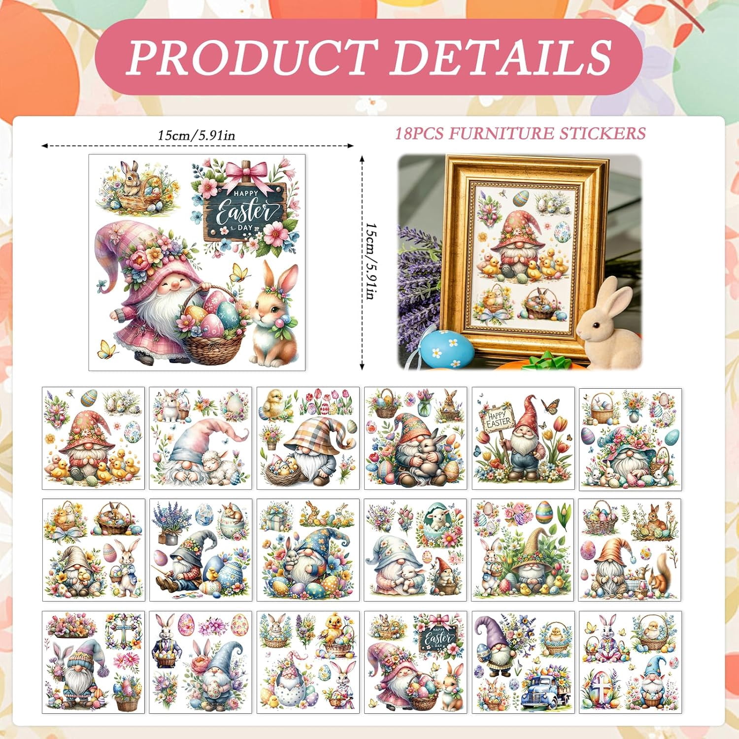 Easter Rub on Transfers for Crafts - 18 Pcs Bunny Gnome Rub on Transfers for Furniture Rabbit Egg Transfer Decals for Wood DIY Glass Home Decor 5.9x5.9 Inch