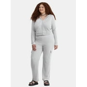 No Boundaries Brushed Rib Zip Front Hoodie and Flare Pants Set, 2-Piece, Women's Plus