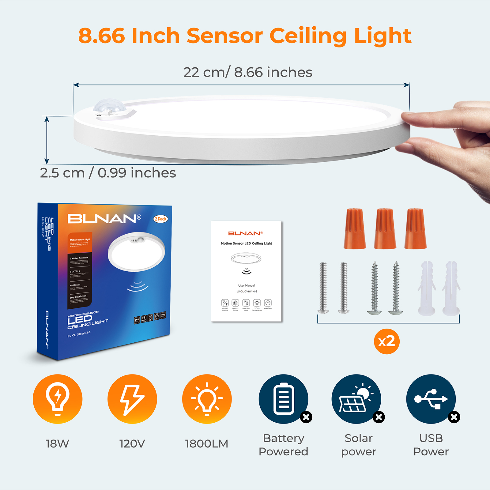 BLNAN 8.7'' Motion Sensor Ceiling Light Wired,3000K/4000K/5000K Selectable Infrared sensor LED Light, Motion Activated Light with Timer for Hallway, Garage,4PCS