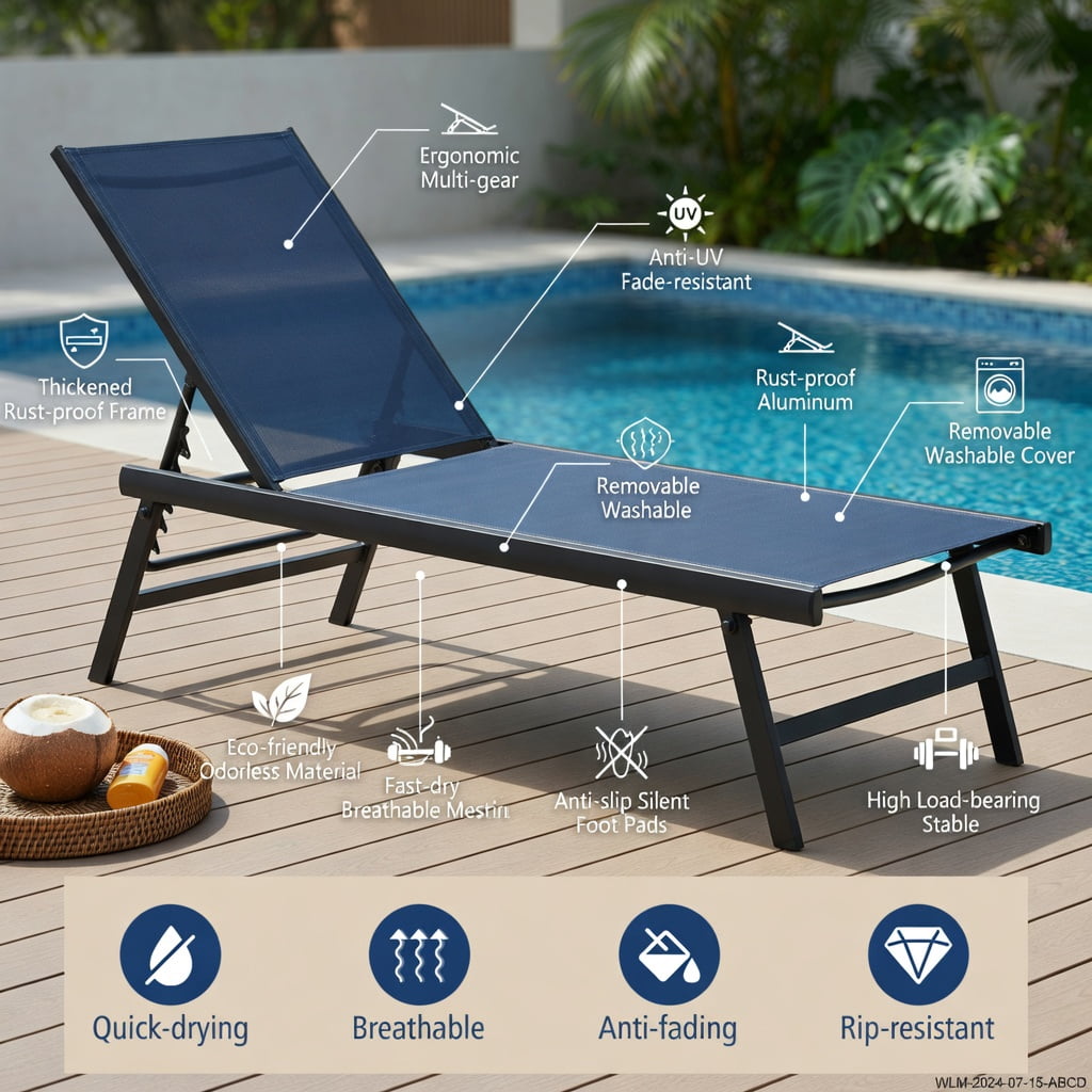 Hommoo 3-Piece Outdoor Chaise Lounge Chair Set with Adjustable Backrest and DPC Wood-Look Coffee Table for Patio, Poolside, or Backyard, Navy