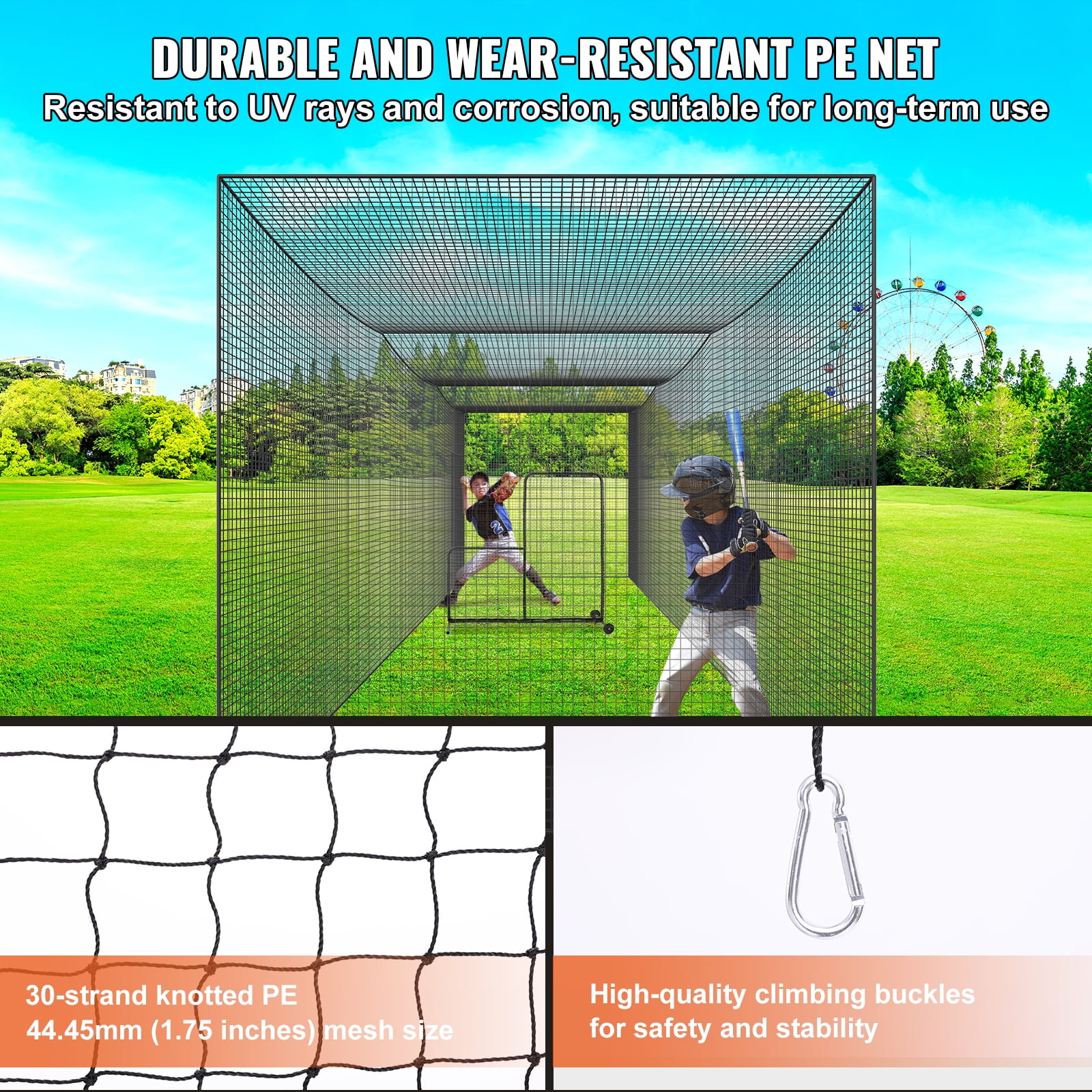 KFFKFF Batting Cage, 35x10x10FT Softball and Baseball Batting Cage Net (MESH ONLY), Baseball or Softball Batting and Pitching Practice Mesh with Entryway & Transport Sack, Robust Encased PE Mesh