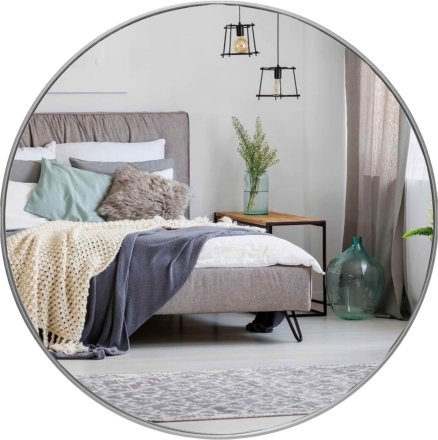 MAYEERTY 36 Inch Silver Metal Framed Round Bathroom Wall Mirror, for Home Bathroom Vanity