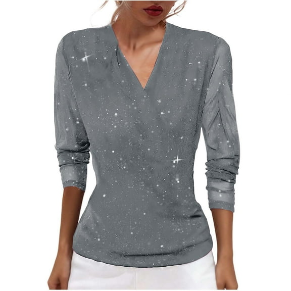 Women's Sparkly Dressy T-Shirts, Long Sleeve V-Neck Elegant Tunic Tops Prom Party Fashion Glitter Outfits