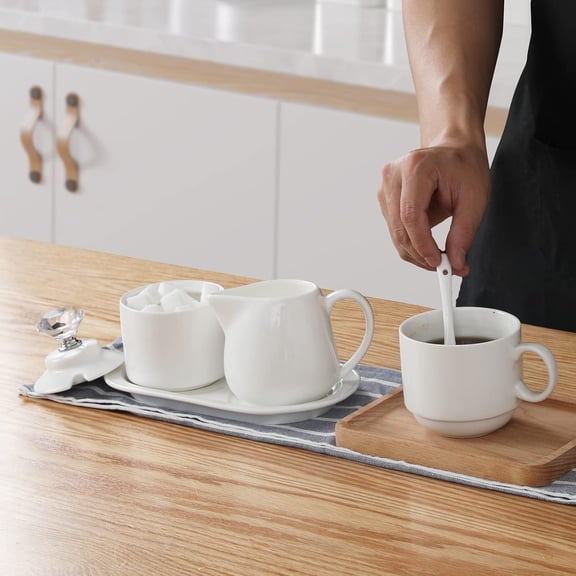 Porcelain Sugar and Creamer with tray and Crystal Lid Set, Silver