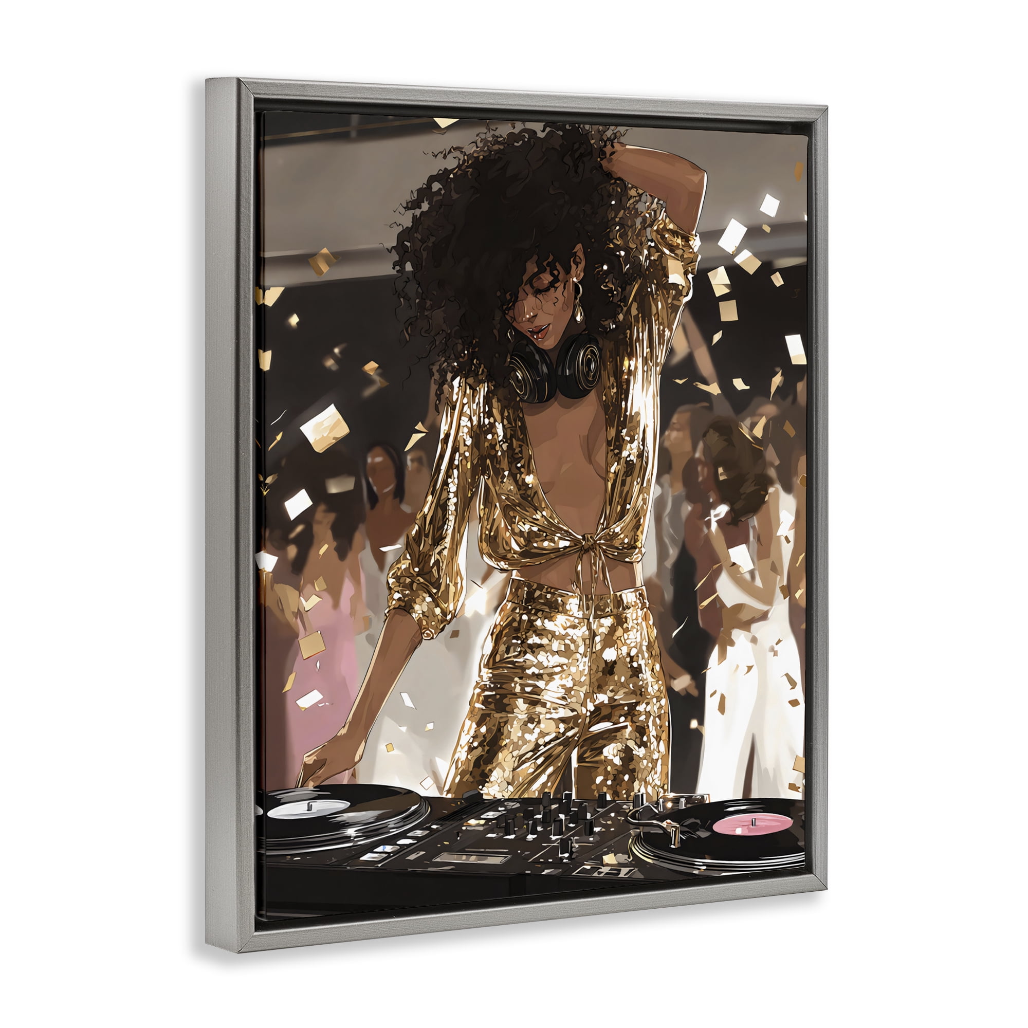 Stupell Industries Shimmering DJ in Sequins Gray Framed Floater Canvas Wall Art, design by Franklyn Gregory
