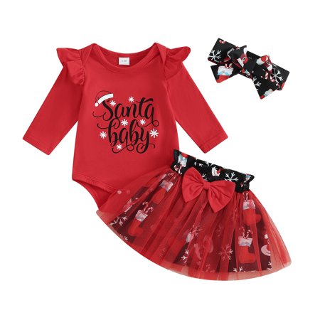 

Newborn Baby Girl Christmas Outfit Santa Baby Onesie Romper Tutu Tulle Skirt Set Headband 3Pcs Infant Xmas Clothes