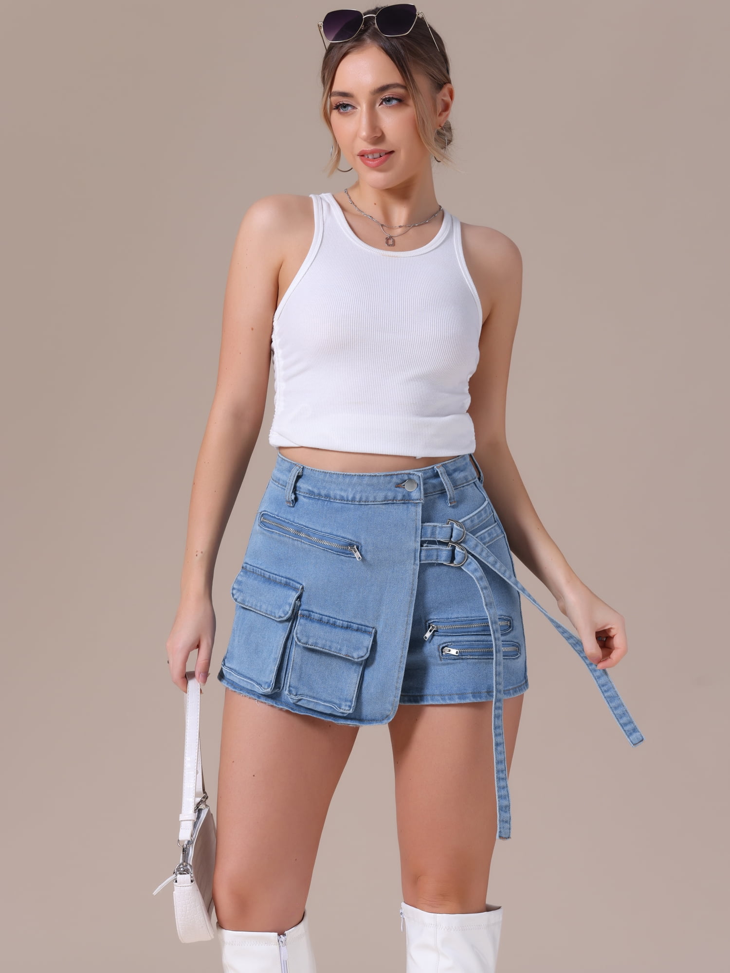 DARING DIVA Women's High Waist Western Asymmetrical Denim Cargo Skirt Shorts M Blue Grey